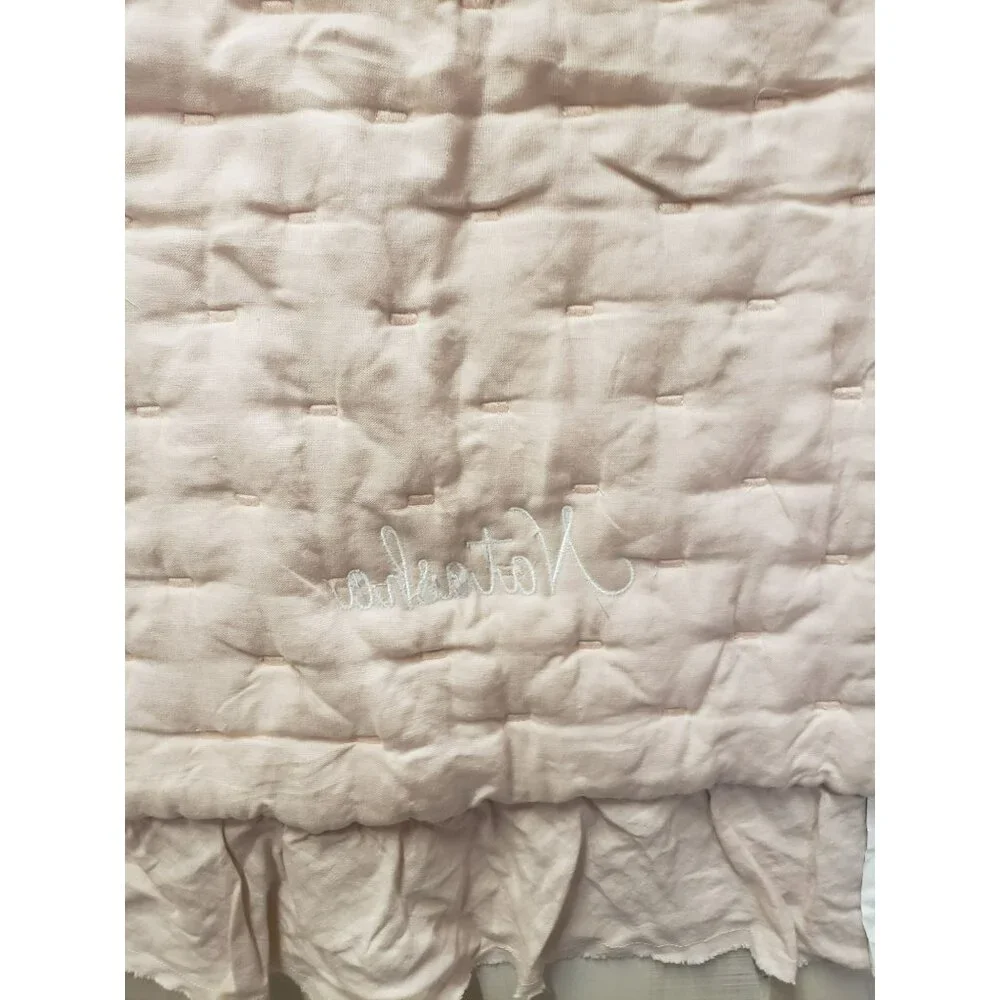 Pottery Barn Ruffle Belgian Linen Baby Quilt Lt Pink 36x50 NWOT Mono Natasha